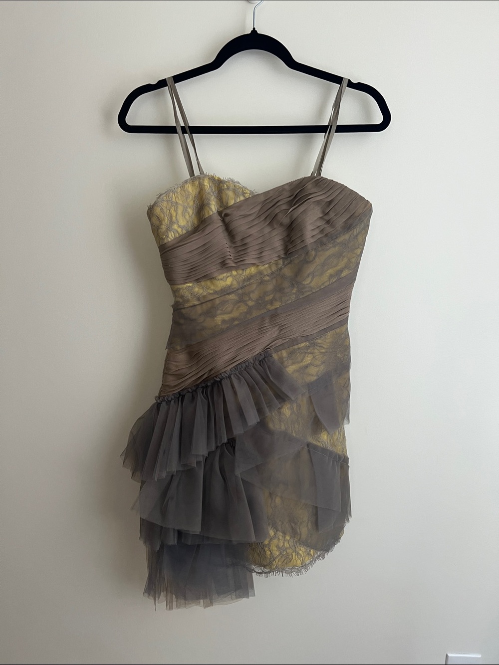 BCBG Runway Yellow and Taupe Lace Asymmetrical Ruffle Mini Dress